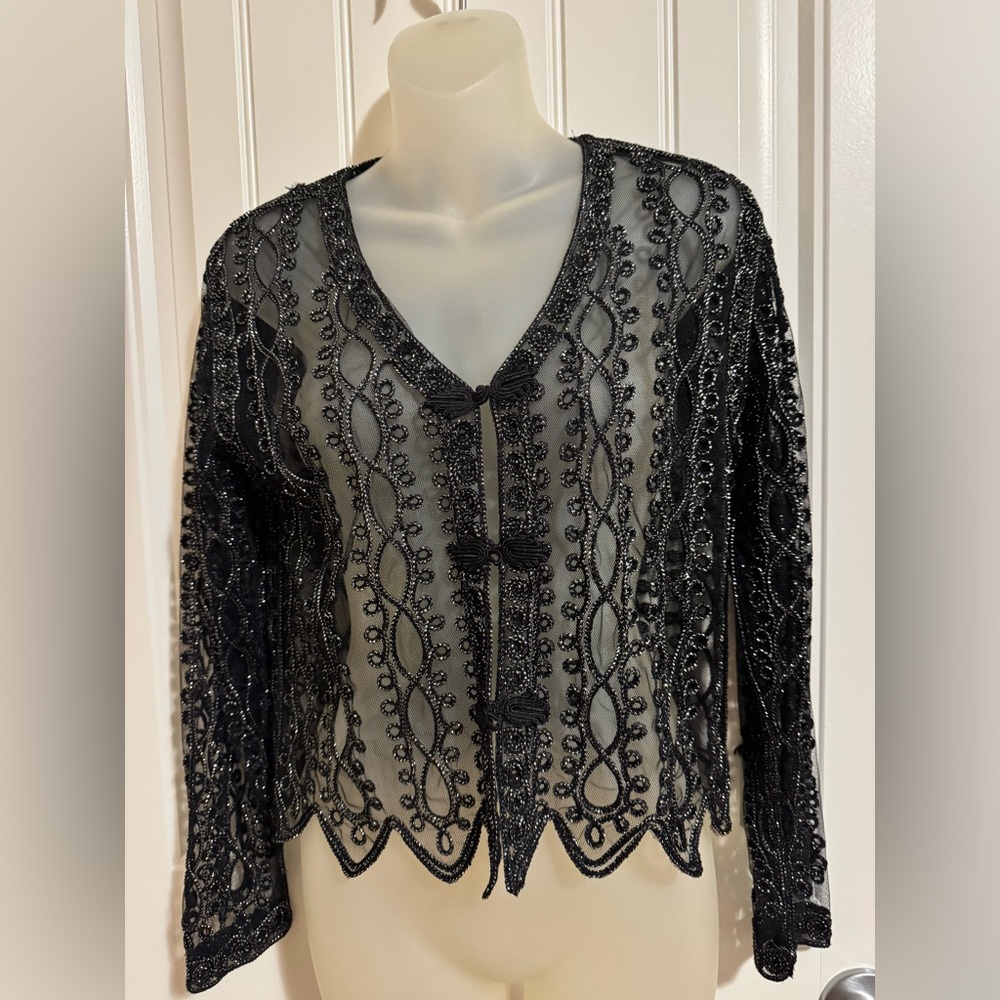 Kroshetta Elegant Black Sheer Beaded Cardigan Vintage size Medium